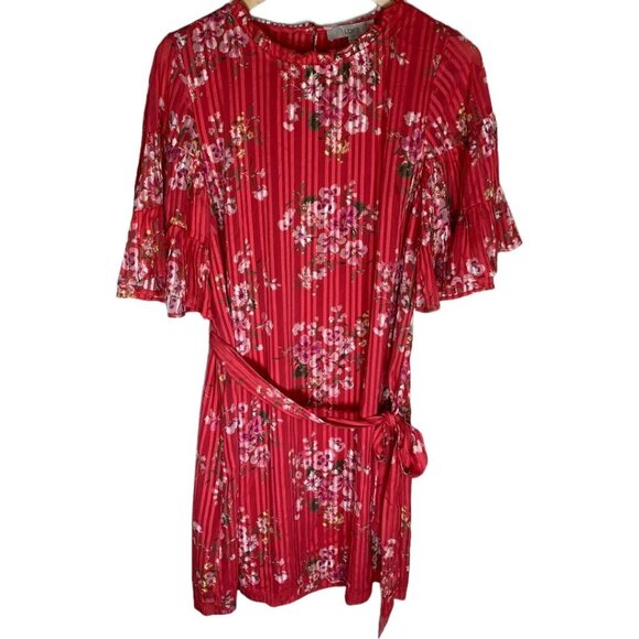 Loft Pleated Mini Dress Womens Small Floral Pink Green Belted Boho Cottagecore - Picture 1 of 9